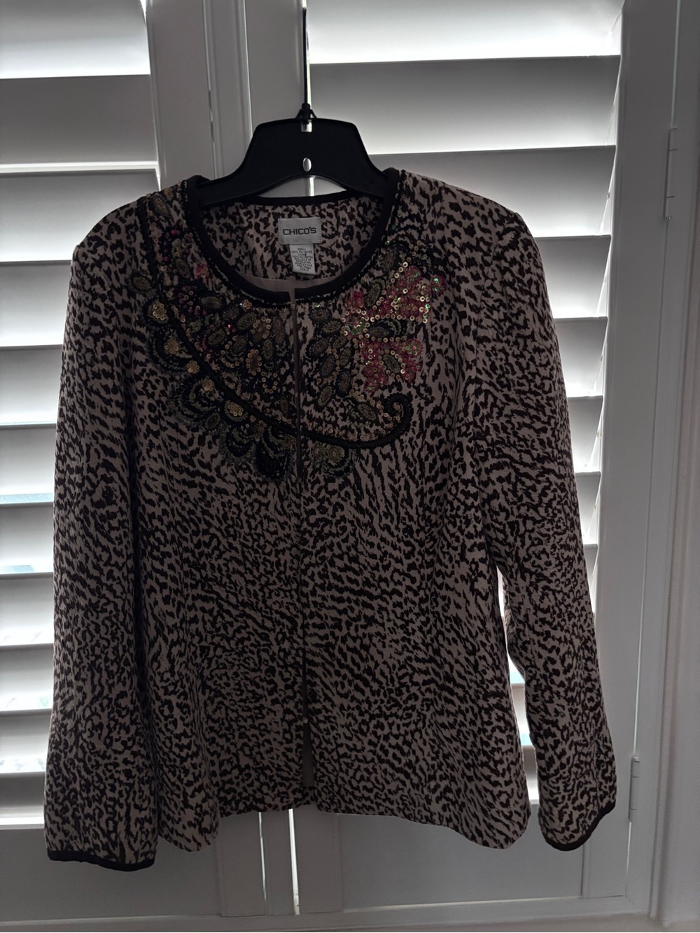 Chico's Beige and Black Animal Print Long Sleeve Top with Beaded Neckline